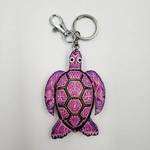 Purple SEA TURTLE Keychain Bag Charm 3D Handmade Leather Ocean Beach Shell Art